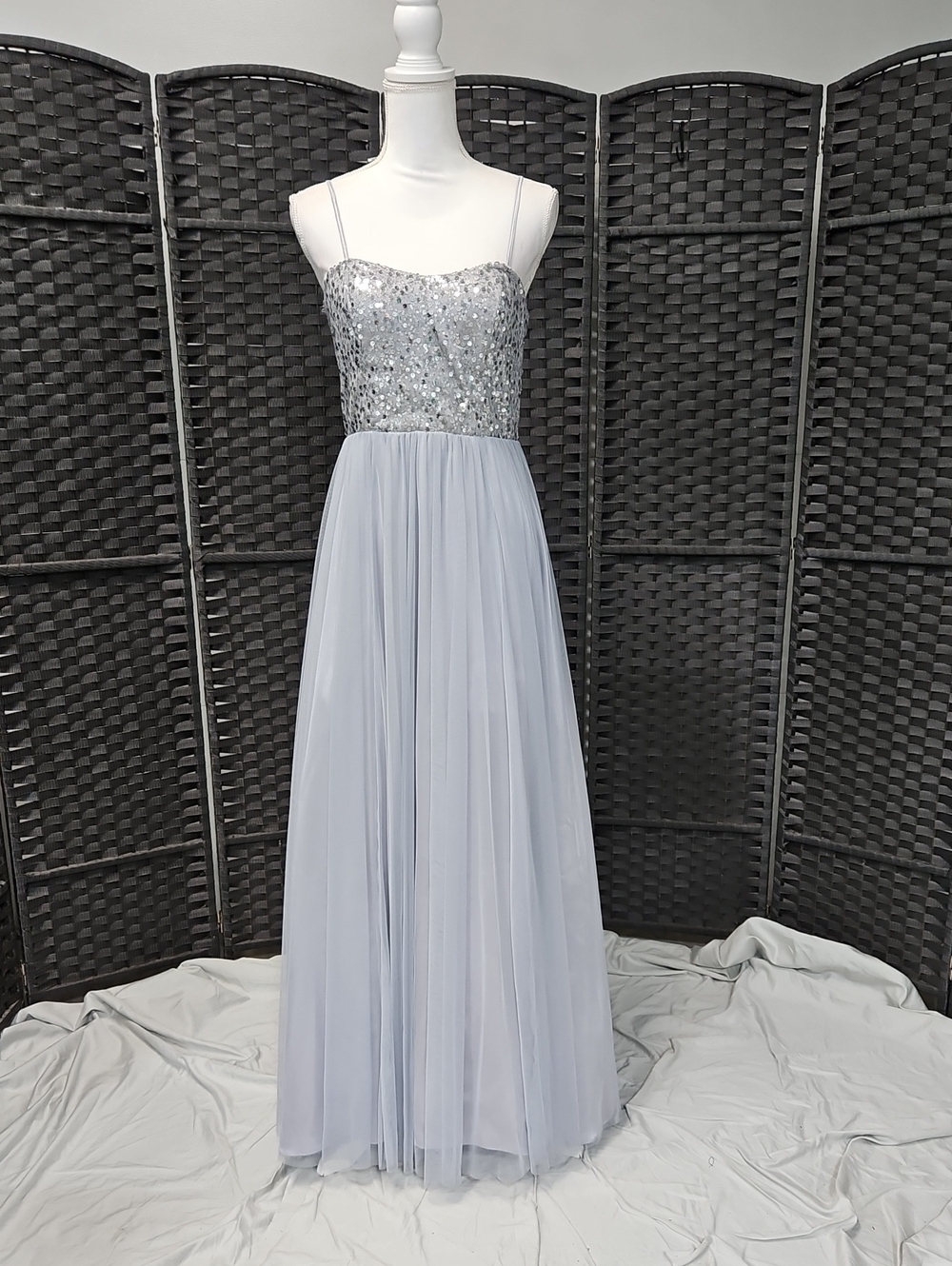 Xscape Silver Sequin Bodice Light Gray Tulle Prom Gown